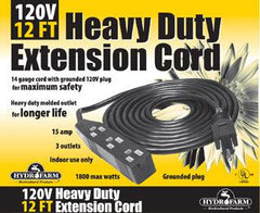 Hydrofarm Heavy Duty 3 Outlet Power Strip / Extension Cord - 120v - 12'
