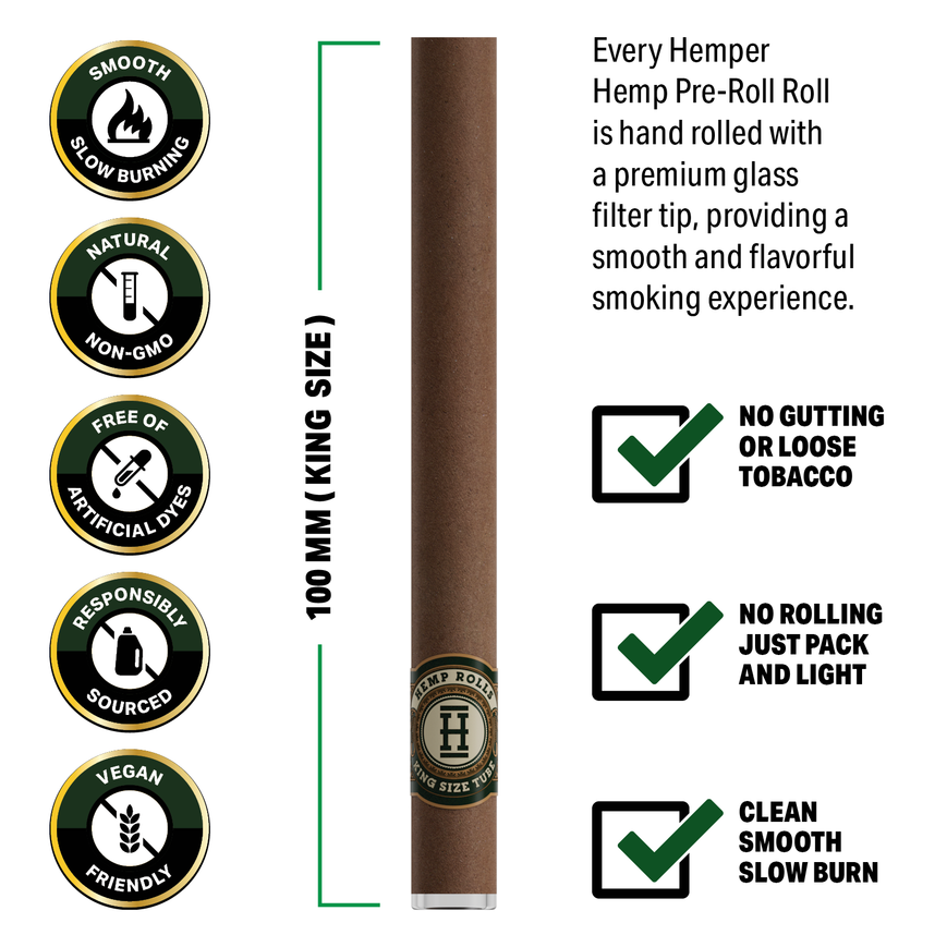 Pre-Rolled 2pk King Size Hemp Rolls + Glass Tip